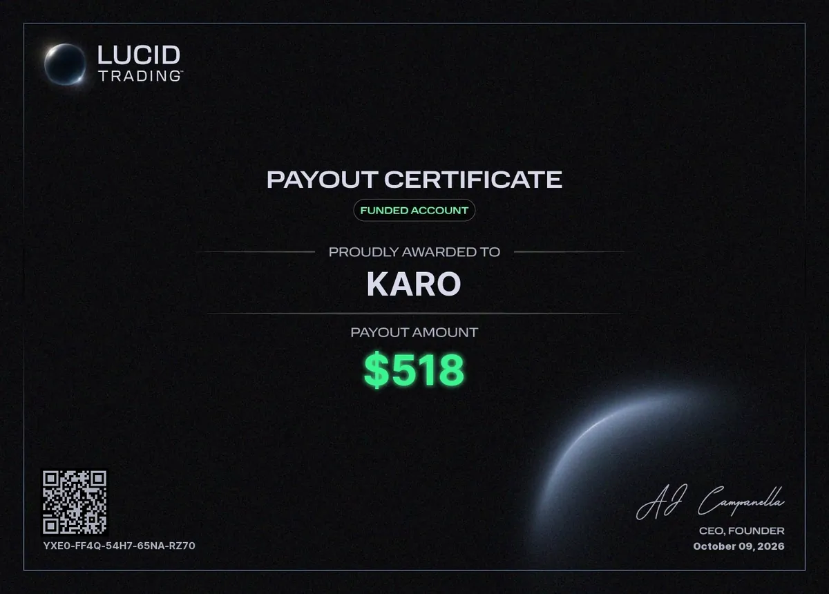 Certificado de retiro Lucid Trading de $518