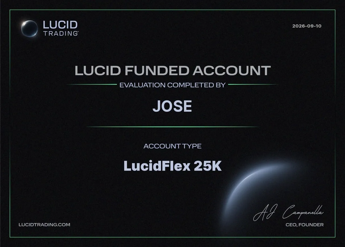 Certificado de cuenta fondeada LucidFlex 25K